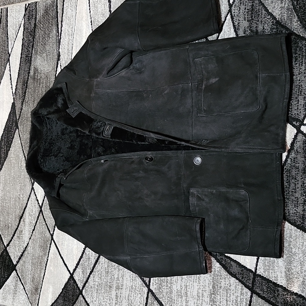 VINTAGE SAWYER OF NAPA BLACK SHEARLING BUTTON COAT SIZE 44 PRICE FIRM